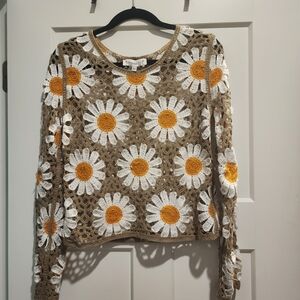 Daisy Crochet Lace Blouse in Tan and White
